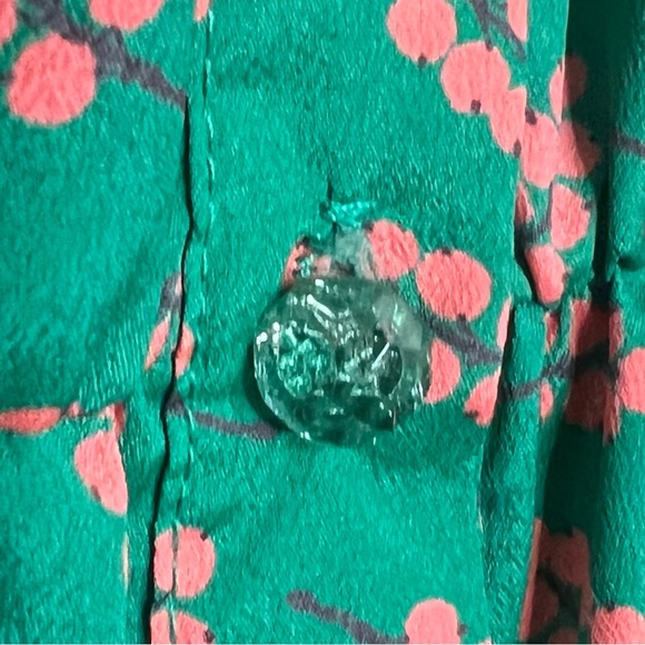 Vintage Berry Print Emerald Green Orange Brown Button Blouse with Bow Size M - Picture 3 of 4